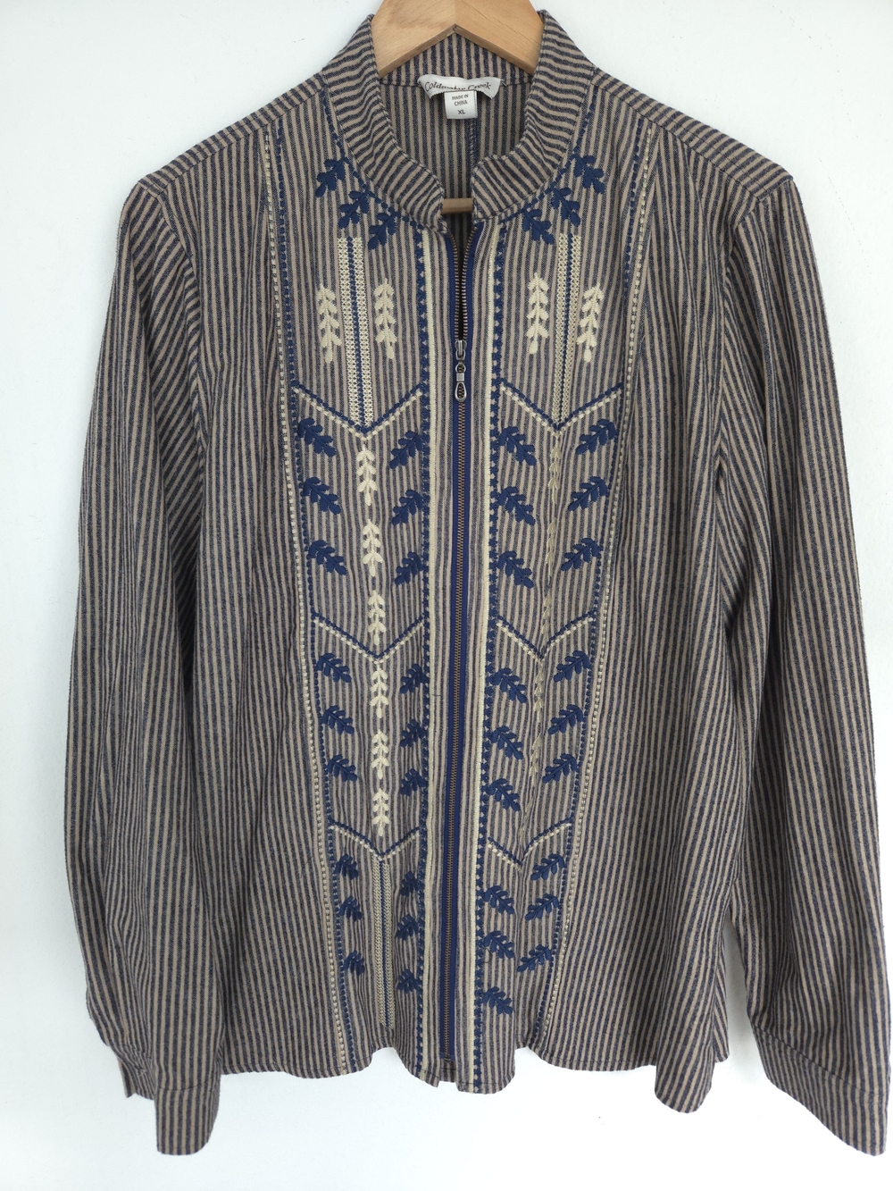 Coldwater Creek Striped Embroidered Boho Full Zip-Front Blouse Navy Beige XL